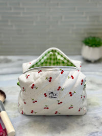 Quilted Cherry Makeup Bag | Puffy Travel Pouch, Zippered Toiletry Boxy Bag | Cherries