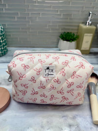 Handmade Quilted Makeup Bag | Pink Bows Travel Pouch | Zippered Toiletry Bag | Machine Washable