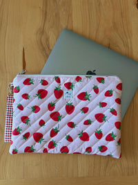 Quilted Strawberry Laptop Sleeve w/ Keychain Carrying Strap | Puffy Padded iPad Pouch (Machine Washable)
