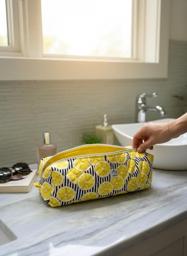 Quilted Lemon Hair Tools Bag | Travel Padded  Pouch | Cosmetic Toiletry Zippered Case | Lemons Hot Tools Case