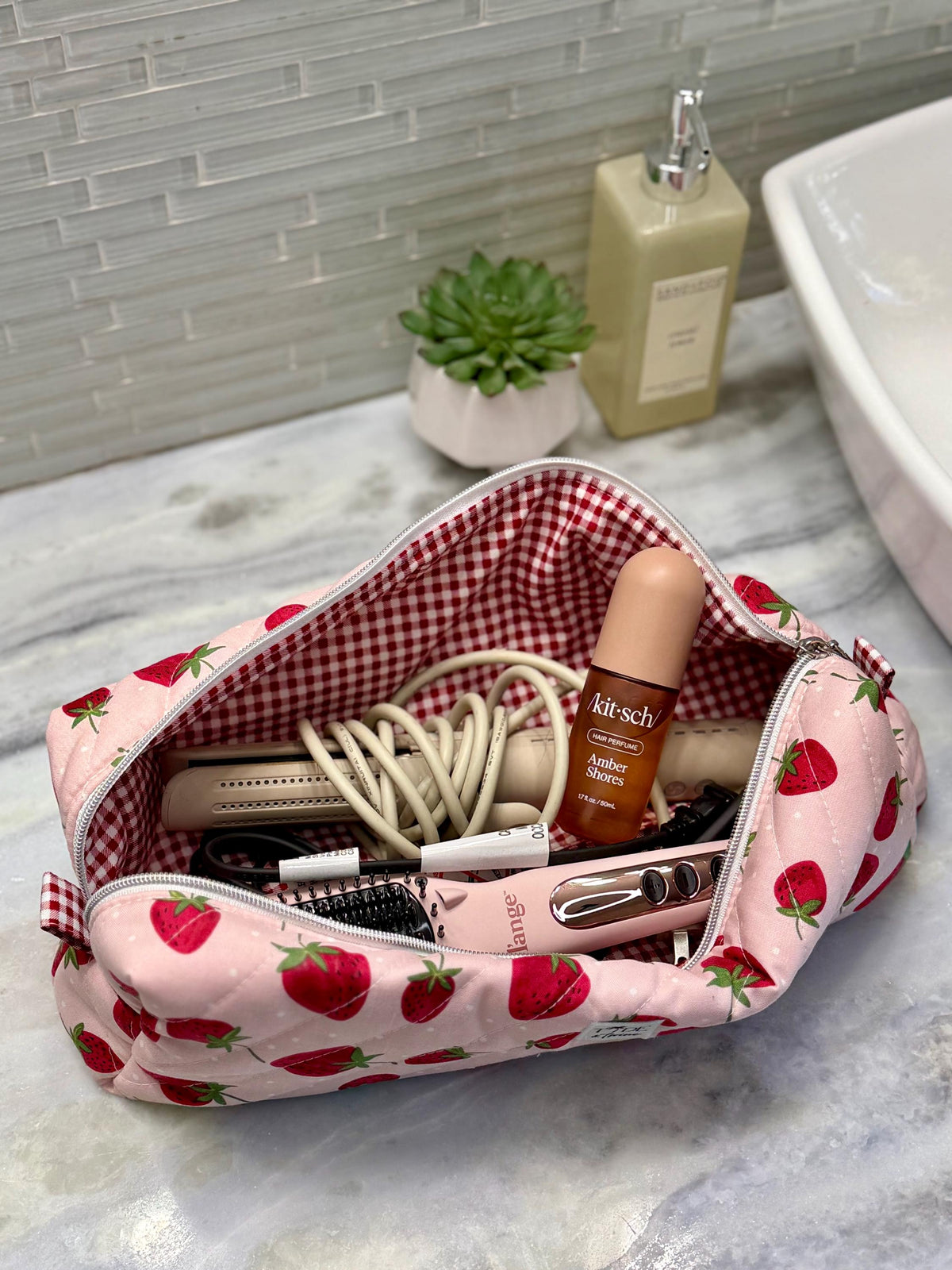 Quilted Strawberry Hairtools Bag | Dyson Travel Pouch | Zippered Cosmetic Toiletry Bag